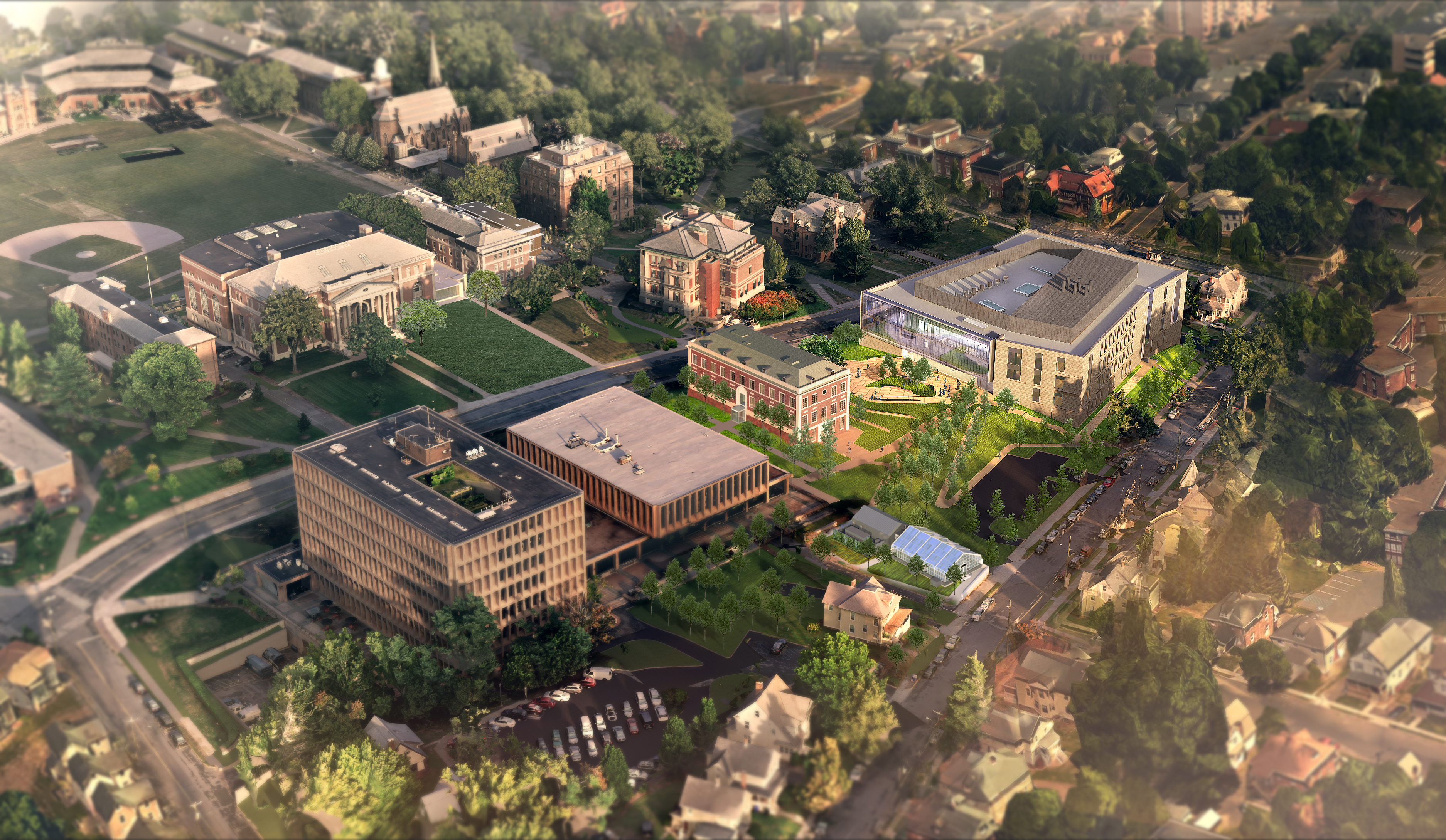 Aerial view of new science building on campus